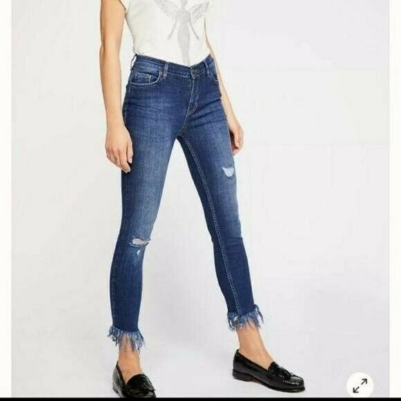 Free People Denim - Free People Great Heights Raw Hem Mid Rise Distressed Skinny Denim Jeans 29